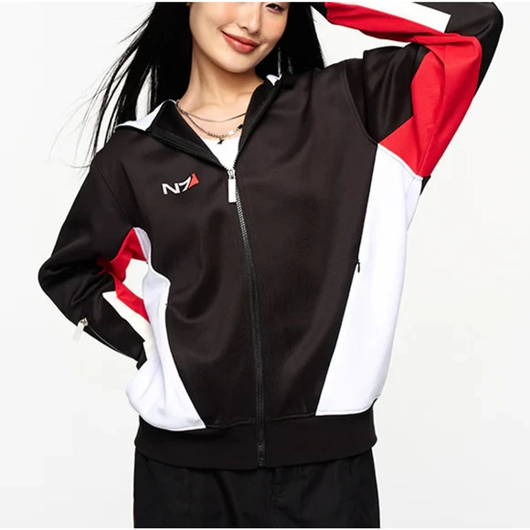 Mass Effect Bioware N7 Custom Women's Hoodie Jacket Sz Medium Full Zip Black Red - Picture 14 of 14